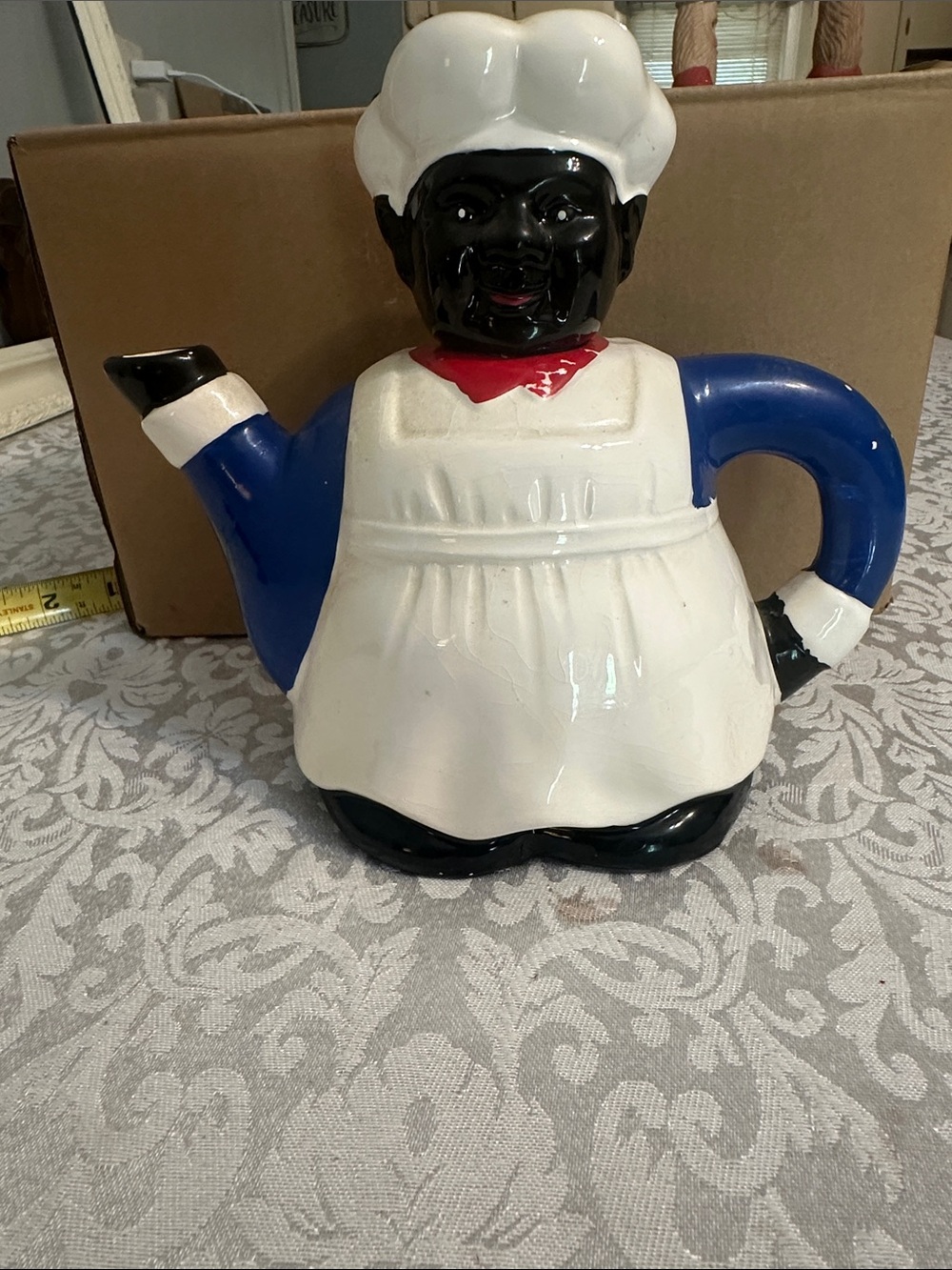 Ceramic Chef Teapot Figurine in White Apron and Blue Jacket